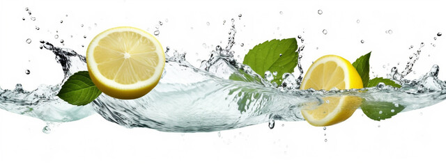 lemon, lemonade with splashes of water on a white background. Generative AI