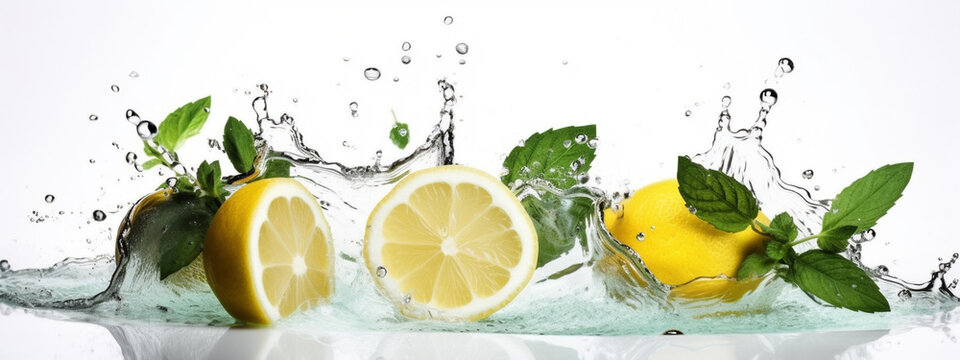 lemon, lemonade with splashes of water on a white background. Generative AI