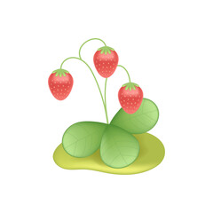 Strawberry plant on ground 3d vector illustration. Berries with green leaves growing in garden in cartoon style isolated on white background. Nature, plant, gardening concept