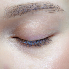 Closeup macro shot of human female eye. Woman with natural face beauty makeup
