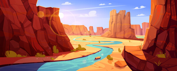 Grand canyon and river in Arizona national park vector landscape illustration. Desert with rock cliff and mountain valley for adventure and travel in USA. Unforgettable panoramic view on US landmark - obrazy, fototapety, plakaty