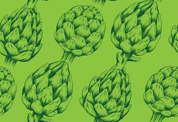 Vector seamless pattern with diagonal hand drawn artichokes on green background. Texture with sketch of cabbage healthy vegetables with hatching.