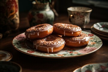 Glazed donuts on a plate. Generative AI