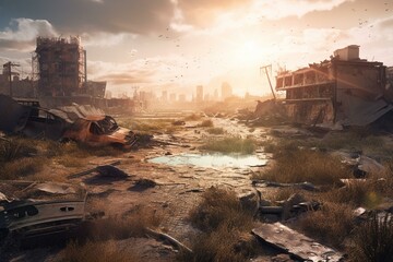 Comic book style illustration of a post-apocalyptic wasteland. Generative AI