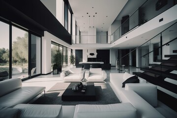 Fototapeta na wymiar Monochromatic modern home with white interior. Generative AI