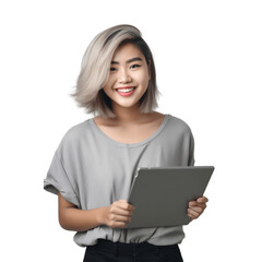 Fototapeta Beautiful asian young woman smile holding tablet computer pc, isolated on white and transparent background, ai generate obraz