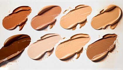 Closeup of Different Tones of Liquid Foundation on White Background, Shades of foundation On White Background. Closeup of different tones of liquid foundation,  Cosmetics for girls and women 