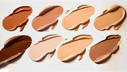 Fototapeta premium Closeup of Different Tones of Liquid Foundation on White Background, Shades of foundation On White Background. Closeup of different tones of liquid foundation, Cosmetics for girls and women 