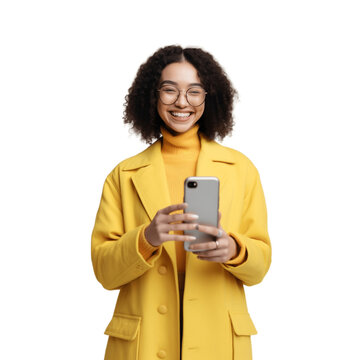 Beautiful Smile Young Woman Holding Smart Phone, Positive Lovely Lady Wear Yellow Stylish Trendy Clothes Fashion, Isolated On White And Transparent Background, Ai Generate