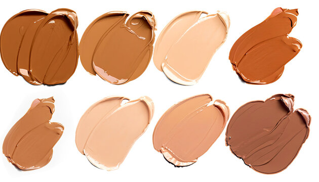 Closeup of Different Tones of Liquid Foundation on White Background, Shades of foundation On White Background. Closeup of different tones of liquid foundation,  Cosmetics for girls and women 