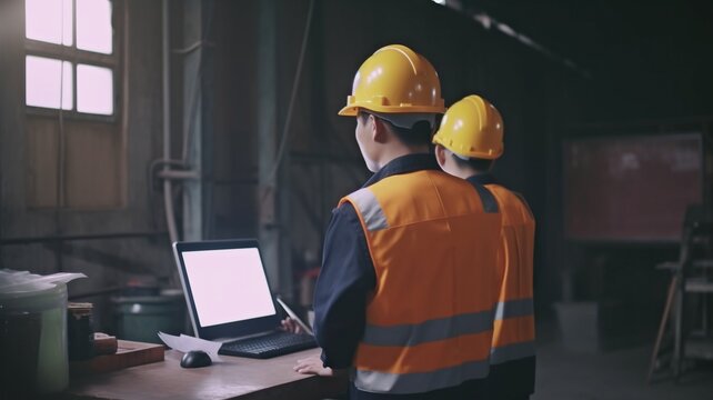 Scene of a worker team of inspectors having a conversation while using a laptop and a large machine in a factory setting, with the idea of auditor safety.The Generative AI