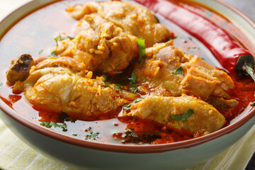 Chicken curry with roasted onion and coconut closeup on the bowl on the table. Horizontal