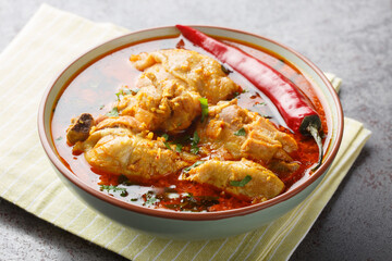 Malvani Masala spicy Chicken curry with coconut closeup on the bowl on the table. Horizontal