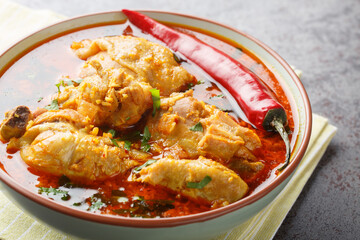 Chicken curry a Maharashtrian dish is made with aromatic Malvani spices and coconut closeup on the bowl on the table. Horizontal