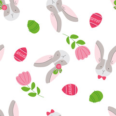 A cute seamless pattern with rabbits, flowers and color eggs. Easter spring design with buns.