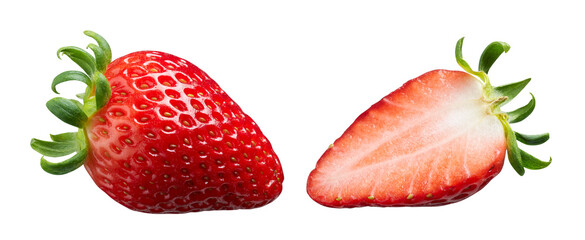 Whole and cut half ripe strawberry isolated on white