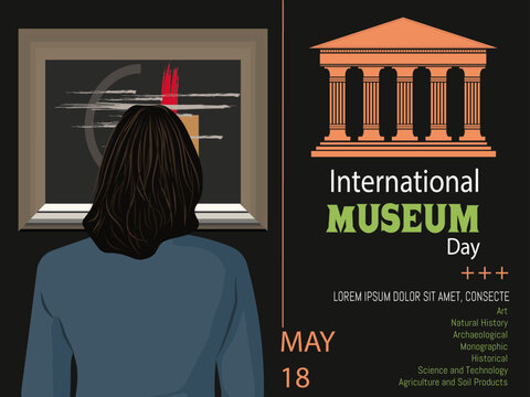 International Museum Day ,May 18.Woman with her back turned contemplating a modernist painting on a dark background .Museum icon with text and museum typefaces .Copyspace
