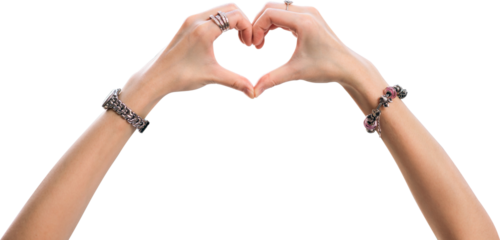 Woman hand up with heart gesture wearing silver charm accessory isolated transparent background