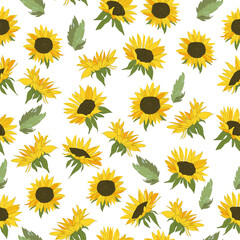 Vector Seamless Pattern with Sunflowers on Blue Background