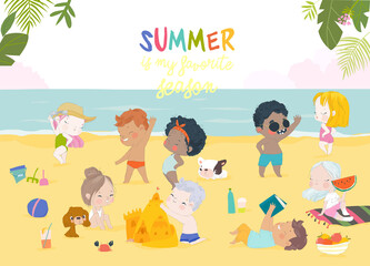 Fototapeta premium Kids sunbath swimming in the Sea at Summer Childrens Camp on Sea Beach Shores. Vector Illustration
