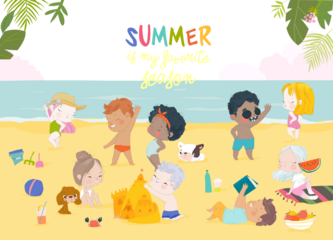 Kids sunbath swimming in the Sea at Summer Childrens Camp on Sea Beach Shores. Vector Illustration