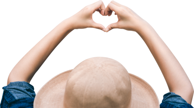 Woman arm hand up with heart gesture isolated transparent background