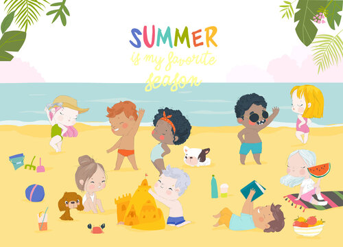 Kids sunbath swimming in the Sea at Summer Childrens Camp on Sea Beach Shores. Vector Illustration