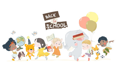 Cartoon Happy Children and Animals enjoying Back to School. Vector Illustration.