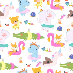Behang Speelgoed Vector Seamless Pattern with Cute Animals in an Inflatable Circles