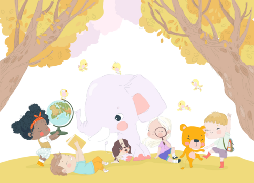 Cartoon Happy Children and Animals Getting Ready for School. Vector Illustration