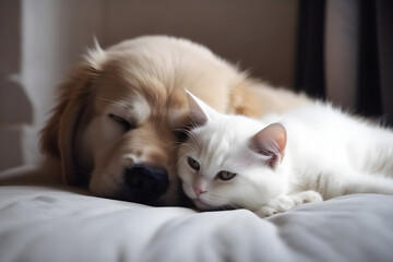 Cat and dog sleeping together. Kitten and puppy taking nap.
Generative AI. 