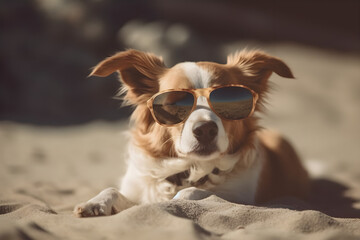 Cute Dog Sleeping on the Beach with Sunglasses. 
Generative AI. 