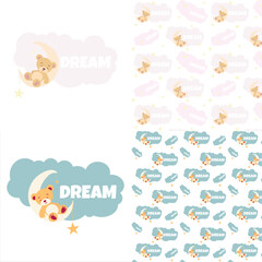 Pattern depicting a sleeping bear cub on the moon with stars and clouds vector image  Image of a sleeping bear cub on the moon with stars and a cloud vector 