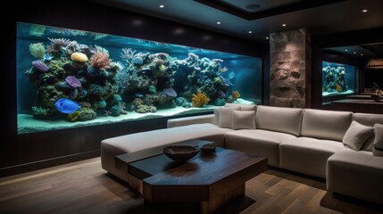 Apartment Interior with Saltwater Coral Reef Aquarium Wall, Breathtaking Underwater Display, Innovative Living Space Design, Generative AI Illustration