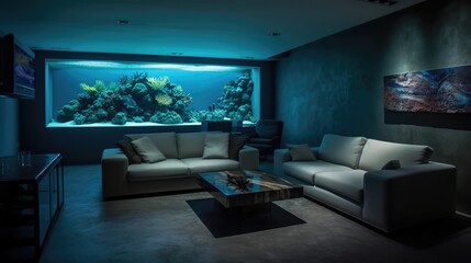 Apartment Interior with Saltwater Coral Reef Aquarium Wall, Breathtaking Underwater Display, Innovative Living Space Design, Generative AI Illustration