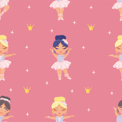 Seamless vector pattern. Cute fairy tale princesses ballerinas, crowns. Fairytale pattern for girls 