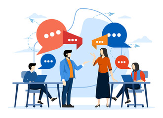 Teams discuss social networks, news, chats, chat bubble dialogues near them, negotiate new projects. Discussion of the company's business strategy. Startup Meeting in flat style.