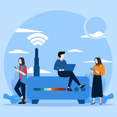 internet connection using concept, Two people with wifi router, Man and woman in casual dress using internet connection. Flat design vector illustration on blue background.