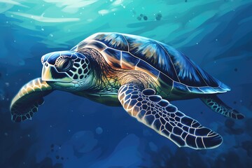 Green sea turtle in deep blue water for world turtle day or oceans day, created with generative ai