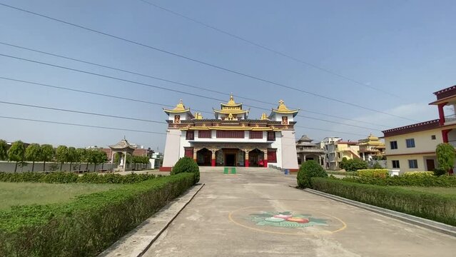 Ultra wide view of Buddhasikkhalay Monastery near Mahabodhi Temple in Bodh Gaia, Bihar state of India.