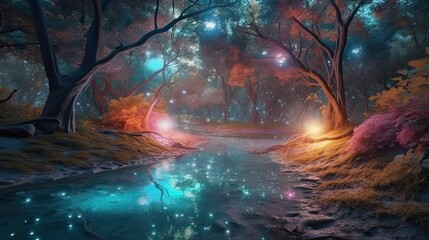 Fantasy magic forest with river illustration. Fairy trees background. Mystic midnight nature. Generative AI