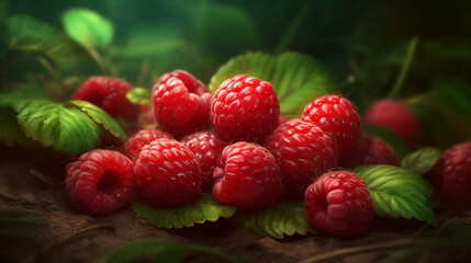 Raspberries on the soil. Organic farming sweet berry. Garden growing raspberry fruit. Generative AI