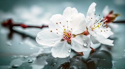 White sakura branch with flower illustration. Beautiful blossom sakura flowers background. Generative AI