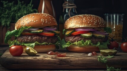 Two beef burgers with lettuce, tomato, onion. Fast food hamburgers background. Generative AI