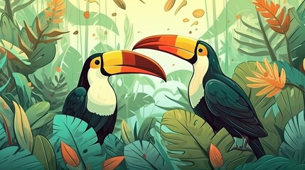 Tropical jungle leaves with exoric toucans. Illustration with couple of tropic birds. Generative AI