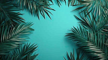 Fototapeta na wymiar Tropical leaf frame background. Exotic palm leaves illustration. Jungle leaves banner. Generative AI