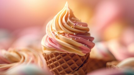 Naklejka premium Ice cream in waffle cone. Vanilla flavor dessert on bokeh background. Generative AI