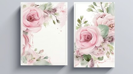 Wedding invitation card illustration. Flower greeting card template. Pink floral design. Generative AI