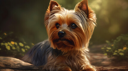 Naklejka premium Yorkshire terrier in the park. Small York dog on green grass background. Generative AI