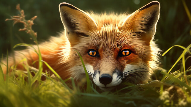 Red fox animal in green grass. Outdoor omnivorous mammal in wildlife. Animal in the field. Generative AI